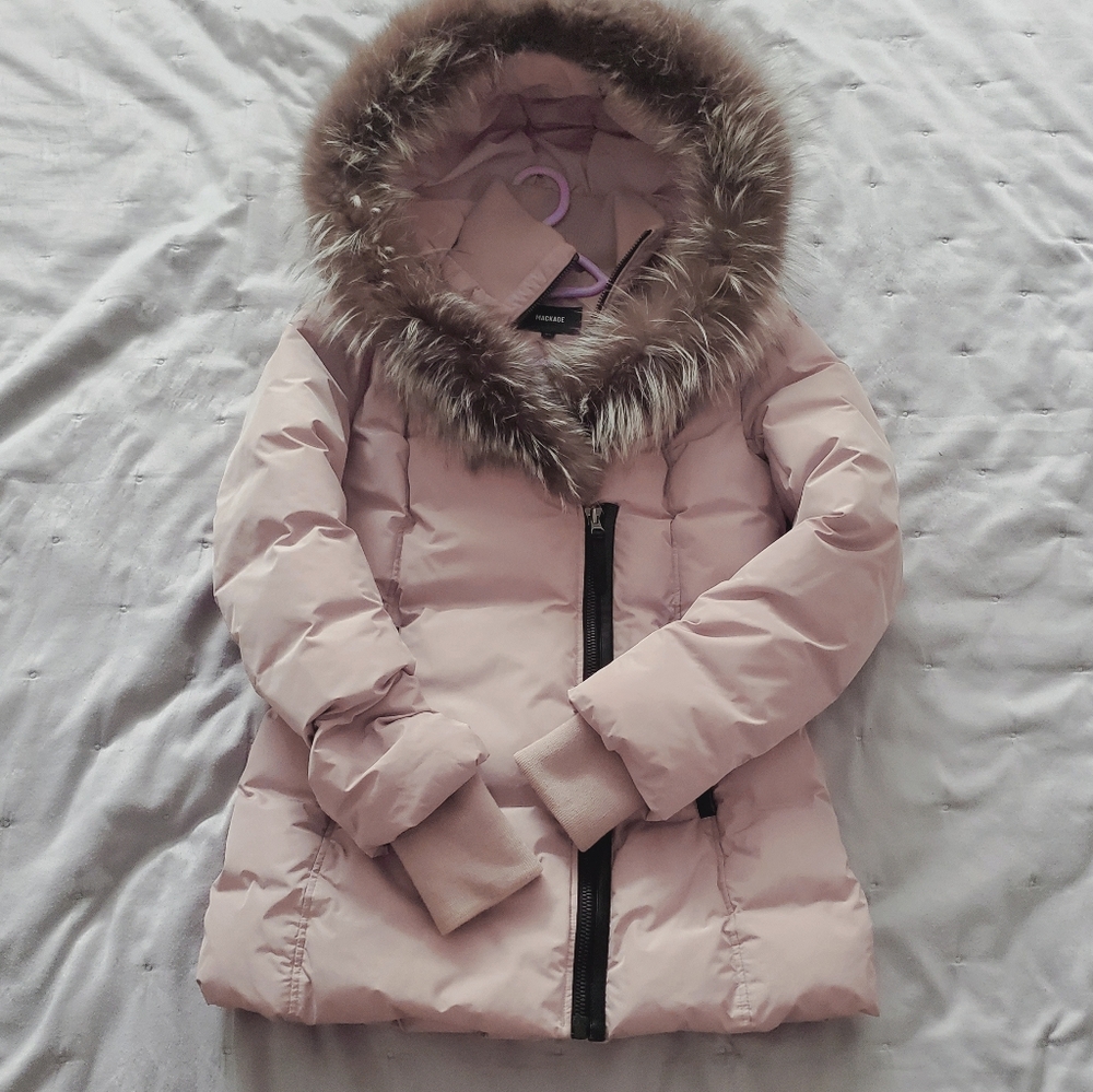 MACKAGE Soft Pink Adali Silver Fox Fur Signature Collar Down Coat